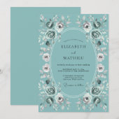 Invitation Mariage Romantique Fleur Teintée de Bleu Vert (Devant / Derrière)