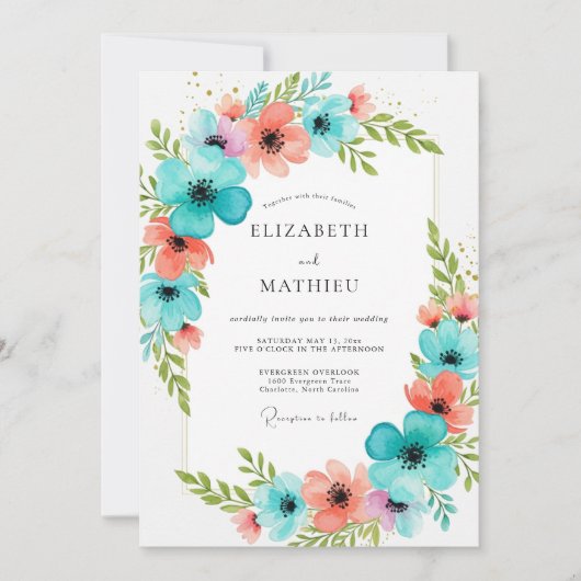 Invitation Mariage Romantique Fleurissant de Corail Sarcelle (Devant)