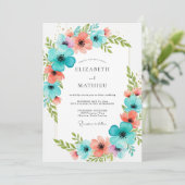 Invitation Mariage Romantique Fleurissant de Corail Sarcelle (Debout devant)