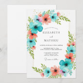 Invitation Mariage Romantique Fleurissant de Corail Sarcelle (Devant / Derrière)