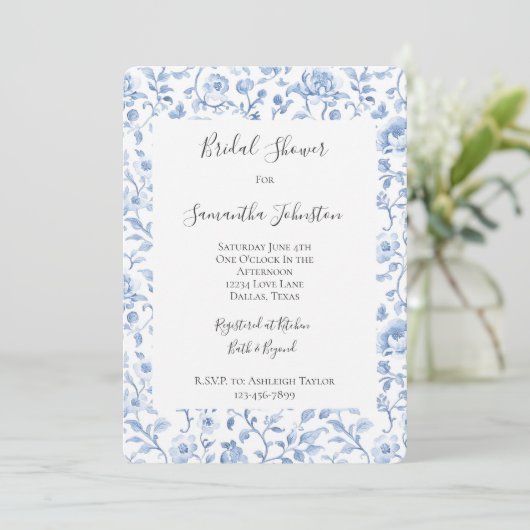 Invitation Mariage Romantique Fleurs Blanches et Bleues (Debout devant)