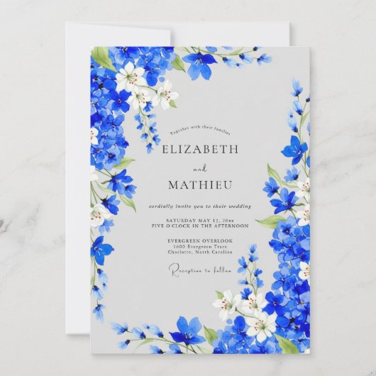 Invitation Mariage Romantique Fleurs Bleu Cobalt (Devant)