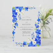 Invitation Mariage Romantique Fleurs Bleu Cobalt (Debout devant)