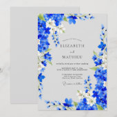 Invitation Mariage Romantique Fleurs Bleu Cobalt (Devant / Derrière)