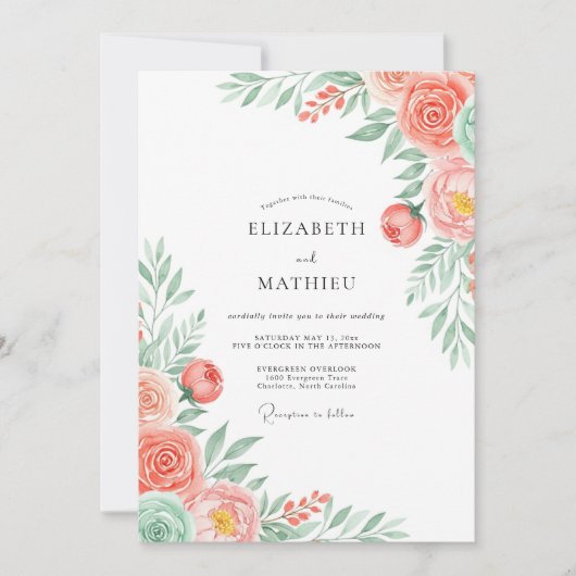 Invitation Mariage Romantique Fleurs de Corail (Devant)