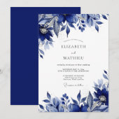 Invitation Mariage Romantique Fleurs Indigo (Devant / Derrière)