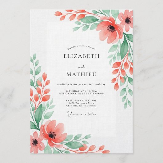 Invitation Mariage Romantique Floraison de Corail (Devant)
