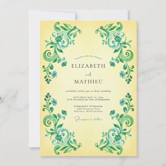Invitation Mariage Romantique Floraison Verte de Teal (Devant)