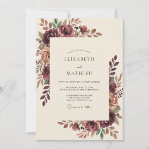 Invitation Mariage Romantique Floral Automnal Bourgogne