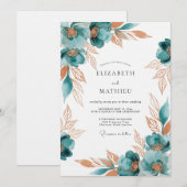 Invitation Mariage Romantique Floral aux Tons Sarcelle (Devant / Derrière)