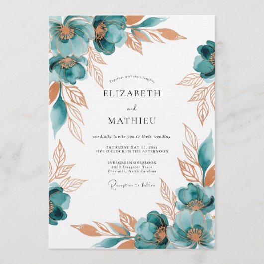 Invitation Mariage Romantique Floral aux Tons Sarcelle (Devant)