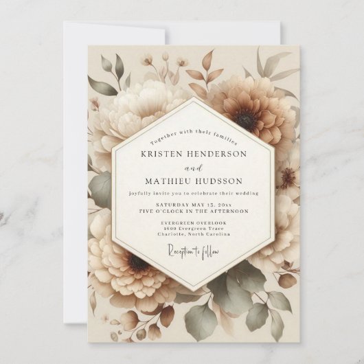 Invitation Mariage romantique floral beige (Devant)