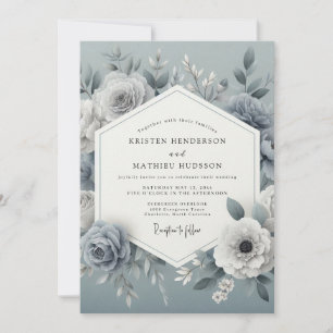 Invitation Mariage Romantique Floral Bleu Ardoise