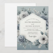 Invitation Mariage Romantique Floral Bleu Ardoise (Devant / Derrière)