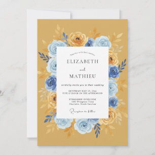 Invitation Mariage Romantique Floral Bleu Or