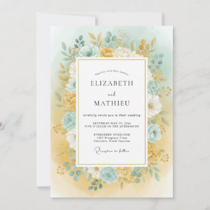Invitation Mariage Romantique Floral Bleu Or