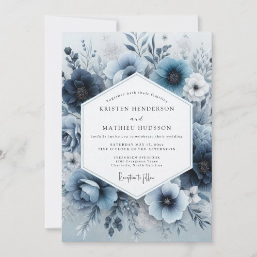 Invitation Mariage Romantique Floral Bleu Poussiéreux (Devant)