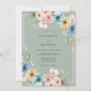 Invitation Mariage Romantique Floral Bleu Sauge
