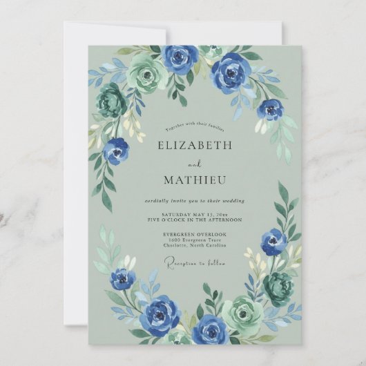 Invitation Mariage Romantique Floral Bleu Vert (Devant)