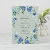 Invitation Mariage Romantique Floral Bleu Vert (Debout devant)