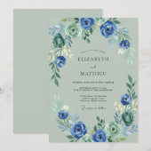 Invitation Mariage Romantique Floral Bleu Vert (Devant / Derrière)