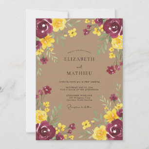 Invitation Mariage Romantique Floral Bourguignon Jaune