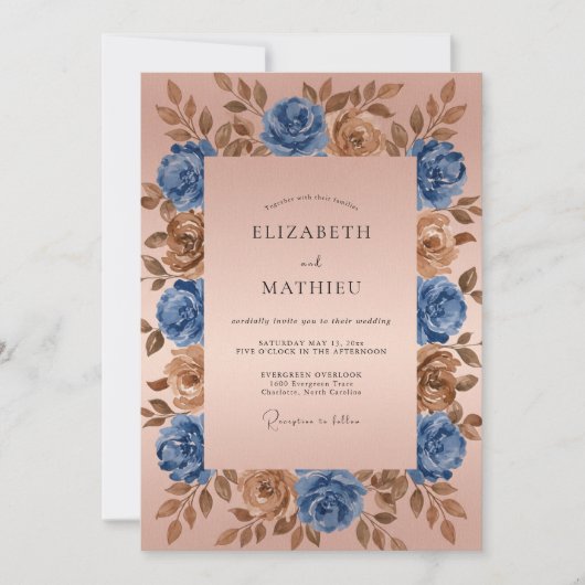 Invitation Mariage romantique floral bronze bleu (Devant)