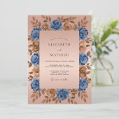 Invitation Mariage romantique floral bronze bleu (Debout devant)