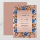 Invitation Mariage romantique floral bronze bleu (Devant / Derrière)