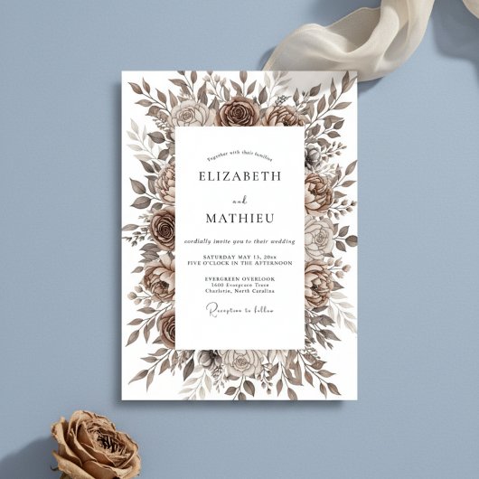 Invitation Mariage Romantique Floral Brun Coup de Pinceau