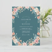 Invitation Mariage Romantique Floral Douceur Sarcelle (Debout devant)