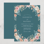 Invitation Mariage Romantique Floral Douceur Sarcelle (Devant / Derrière)