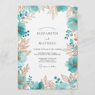 Invitation Mariage Romantique Floral Éthéré Turquoise