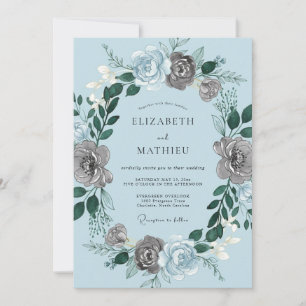 Invitation Mariage Romantique Floral Gris Bleu