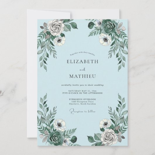 Invitation Mariage Romantique Floral Gris Bleu (Devant)