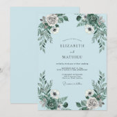 Invitation Mariage Romantique Floral Gris Bleu (Devant / Derrière)