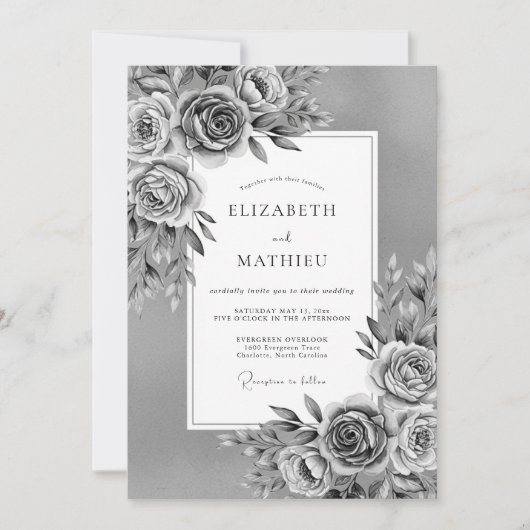 Invitation Mariage Romantique Floral Gris et Artistique (Devant)