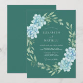Invitation Mariage Romantique Floral Hydrangea Sarcelle (Devant / Derrière)