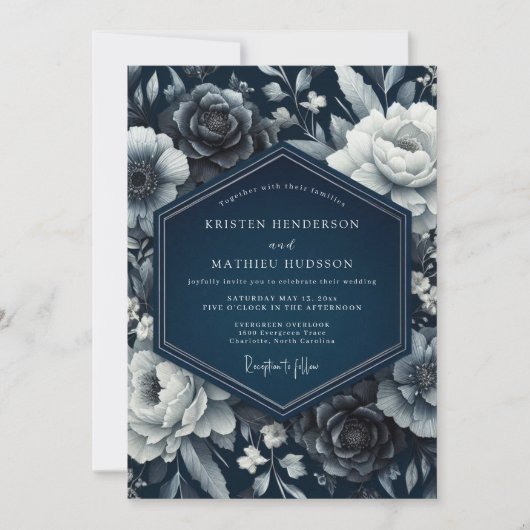 Invitation Mariage Romantique Floral Indigo (Devant)