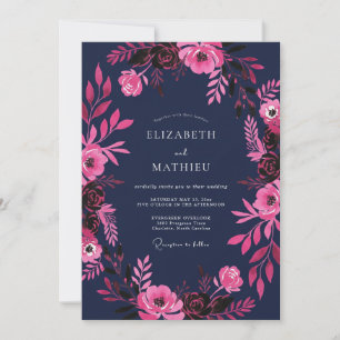 Invitation Mariage Romantique Floral Magenta Navy Aquarelle