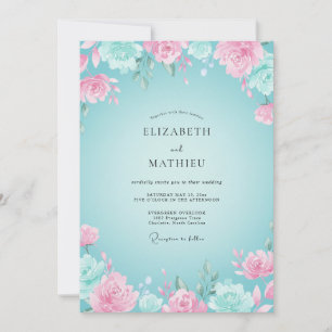 Invitation Mariage romantique floral rose aqua