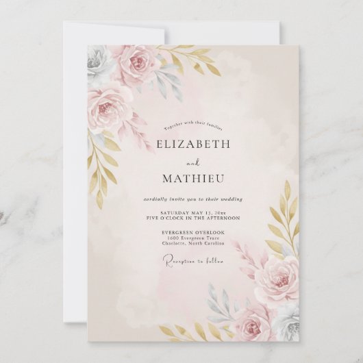 Invitation Mariage Romantique Floral Rouge Clair (Devant)