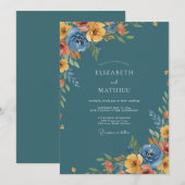 Invitation Mariage Romantique Floral Rustique Sarcelle (Devant / Derrière)