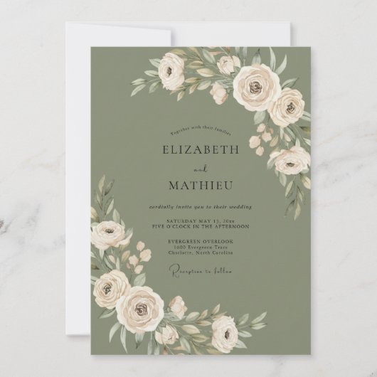 Invitation Mariage Romantique Floral Sage (Devant)