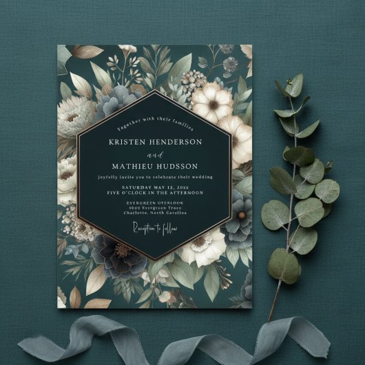 Invitation Mariage Romantique Floral Sarcelle