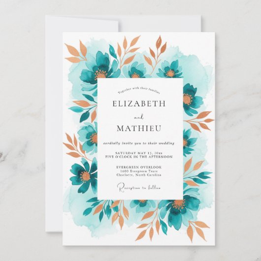 Invitation Mariage Romantique Floral Sarcelle (Devant)