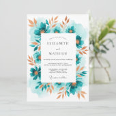 Invitation Mariage Romantique Floral Sarcelle (Debout devant)