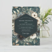 Invitation Mariage Romantique Floral Sarcelle (Debout devant)