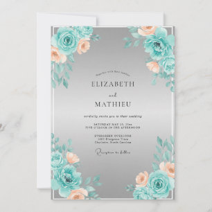Invitation Mariage Romantique Floral Turquoise Pêche