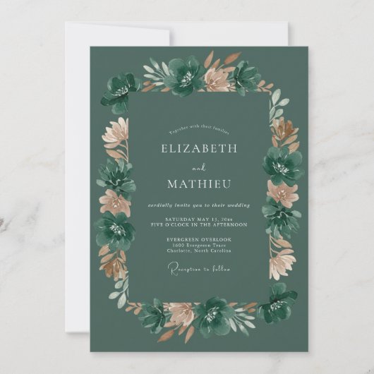Invitation Mariage Romantique Floral Vert Profond (Devant)